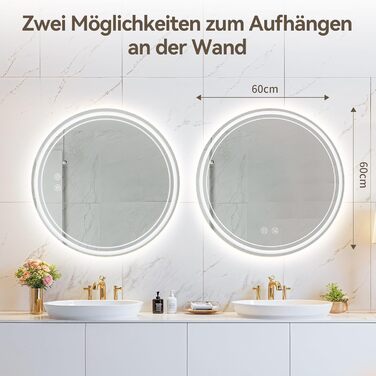 Дзеркало для ванної кімнати з підсвічуванням 70x50 см, LED, Smart, антизапар, 3 кольори, диммування, вертикальна/горизонтальна орієнтація