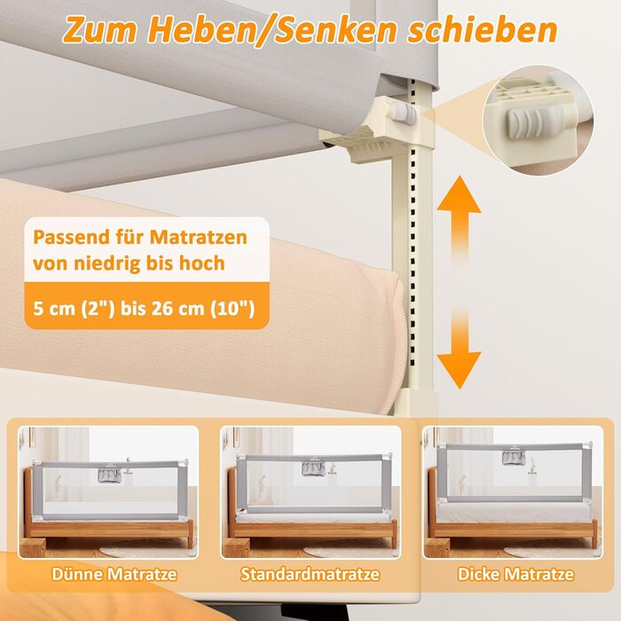 Бортики для ліжка дитячі 3 шт., захисні грати на ліжко для малюків (2x200 см + 1x180 см), сірі, складані