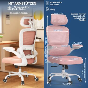 Офісне крісло TRALT Ergonomic - ергономічне крісло з регульованою підтримкою попереку та підголівником, ігрове крісло, крісло для дому, офісу, для великих людей (Рожеве)