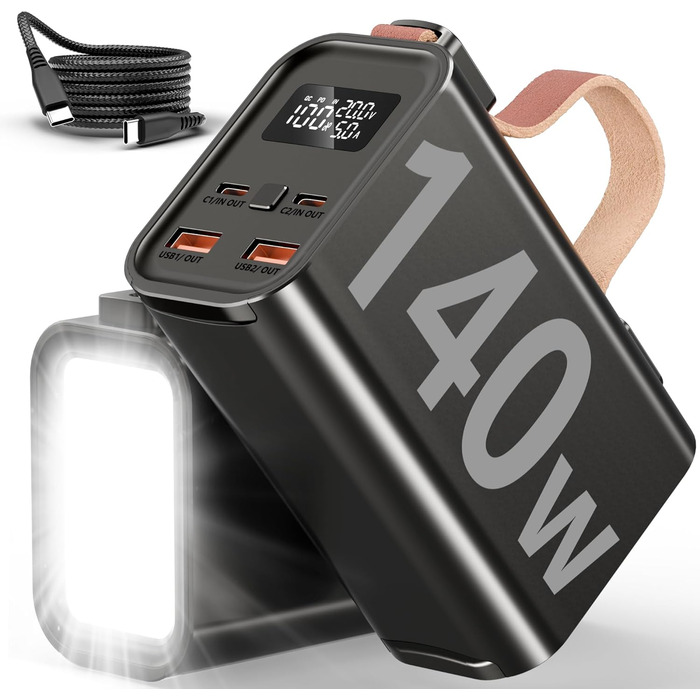 Портативний акумулятор для ноутбука 140W, 50000mAh: Power Bank з LED дисплеєм, PD3.1, QC4.0, 4 виходи та 2 входи (Чорний)