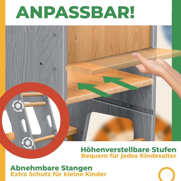 Дитячий навчальний стільчик KIDIZ® для дітей від 1 року. 3-рівневий, регульована висота, збірна сходинка з дерева, сприяє розвитку моторики. Модель Montessori, витримує до 50 кг. Колір: антрацит та дерево (сірий та дерево).