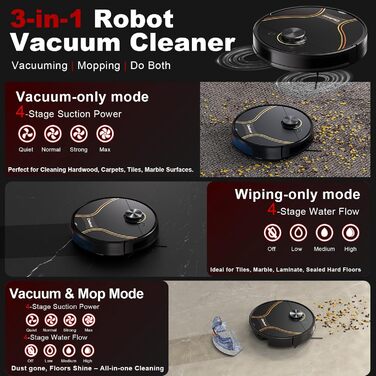 Робот-пилосос Chuboor з функцією миття 3 в 1, 6500Pa, LiDAR навігація, керування через додаток/WiFi/Alexa, автозарядка, 150 хв роботи, для шерсті тварин, килимів та твердих підлог, чорний