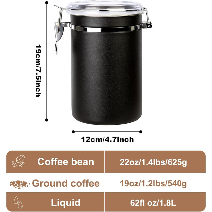 Герметична контейнер для кави та продуктів, набір 2 шт, 1.8L, нержавіюча сталь, чорний