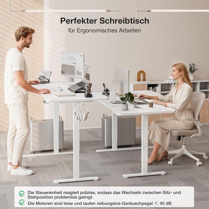 Кутовий стіл з регулюванням висоти 150x100 см, електричний, ергономічний, білий. З підстаканниками та гачками.