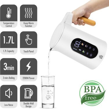Електричний чайник ForMe з нержавіючої сталі, 1.7 л, регулювання температури 40-100°C, LED дисплей, функція підтримання тепла, BPA Free, білий