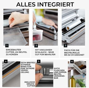 Вакууматор для продуктів BACHWERKE з рулоном та 10 пакетами, ширина шва 32 см, вакуумна машина для зберігання їжі, срібляста