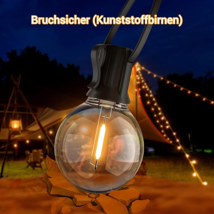 LED гірлянда на батарейках для зовнішнього використання, 10 метрів, 17+1 тепле світло G40, вологостійка IP45, для саду, балкону, тераси