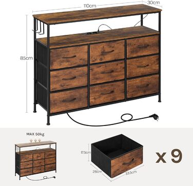 Комод WOLTU з 9 тканинними висувними ящиками, LED-підсвіткою та розетками, металевим каркасом, для вітальні, спальні, передпокою, рустикальний коричнево-чорний колір