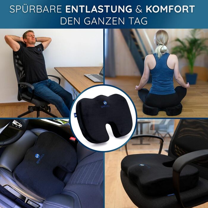 Ортопедична подушка для сидіння SIMPUREA® 'Коала' - з антиковзким велюровим покриттям - ідеальна для офісу, авто та дому - сприяє здоровій поставі та комфорту, знімає навантаження з куприка - середній розмір (60-120 кг) Чорний