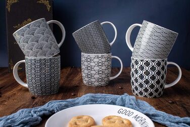 Набір чашок для кави та чаю, 6 шт., чорно-білий геометричний візерунок, кераміка