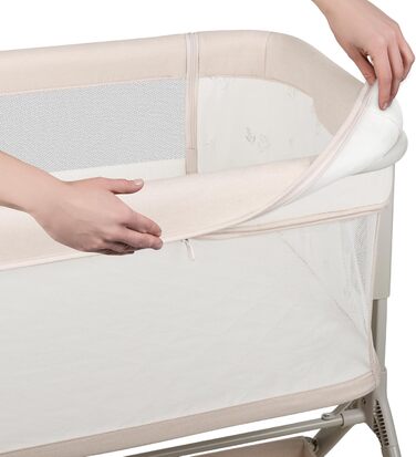 Дитяче ліжко Lionelo Leonie Plus 3 в 1: ліжко, коліска, ліжко-приліжко з регулюванням висоти, сітчасті стінки, знімною бічною панеллю та коліщатками з гальмом. Бежевий колір.