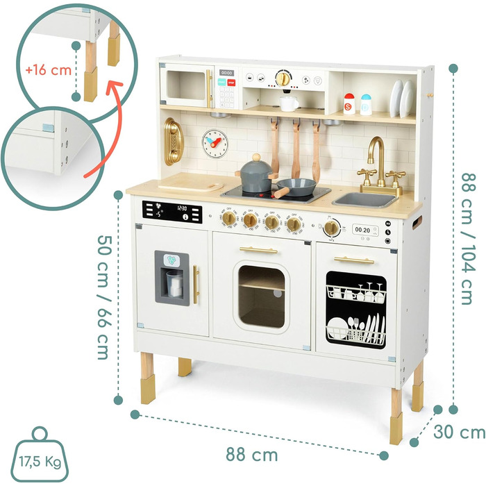 Дерев'яна дитяча кухня Mamabrum з LED-підсвічуванням - ігровий набір кухонь з регульованою висотою, з приготуванням кубиків льоду, мікрохвильовою піччю, плитою та посудомийною машиною. Іграшка для дітей від 3 років