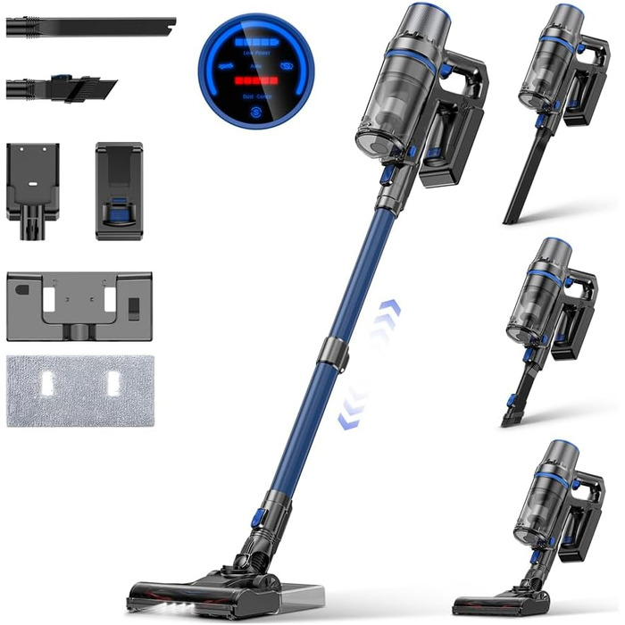 Акумуляторний пилосос з функцією миття підлоги, 45000Pa/550W/60 Min, безщітковий двигун, LED-дисплей, самостійна парковка, для твердих поверхонь, килимів та шерсті тварин, блакитний