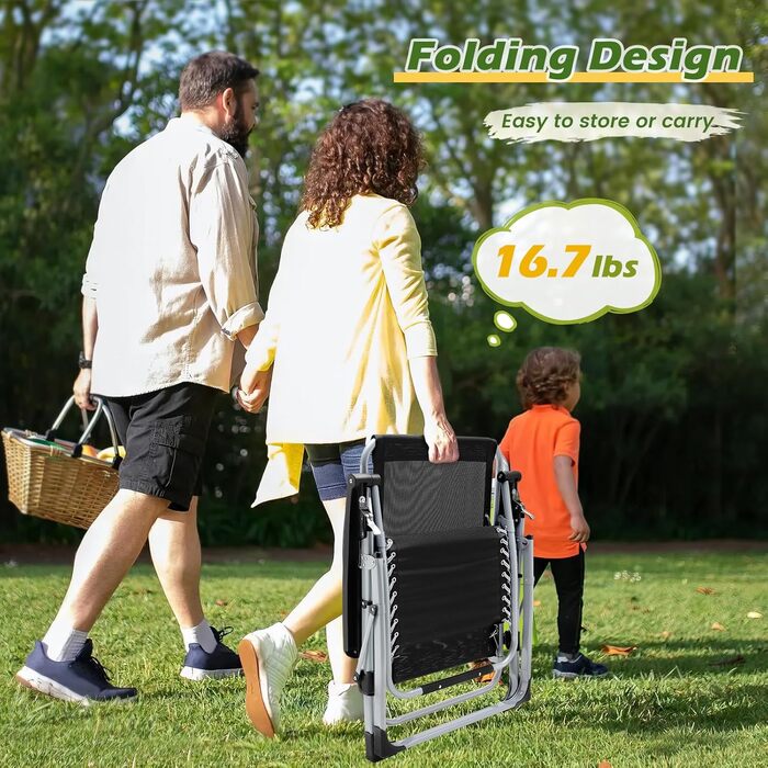 Розкладне шезлонґ для саду та басейну, широке крісло для відпочинку 72 см, з подушкою, чорний, витримує до 200 кг