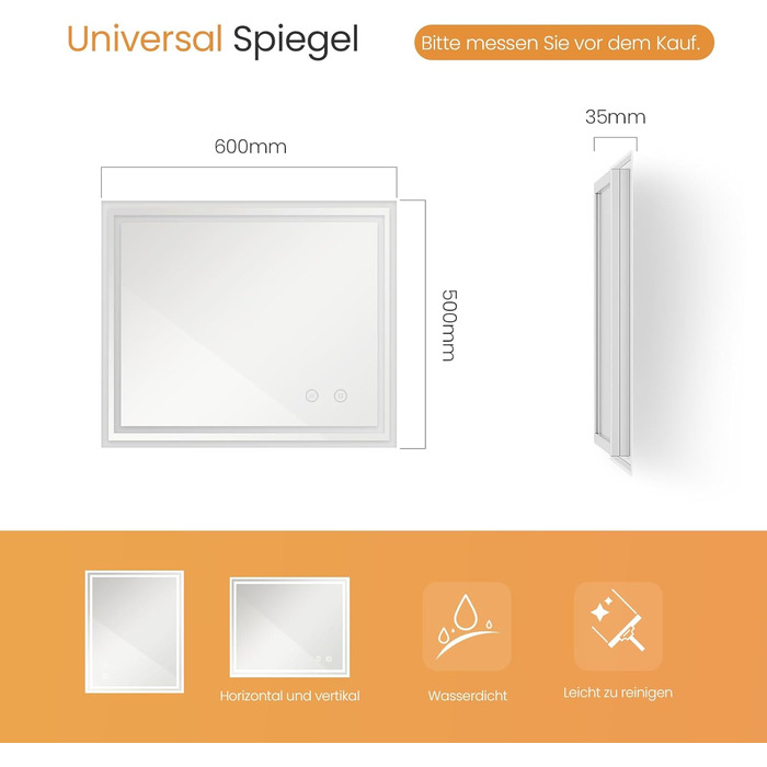 Дзеркало для ванної кімнати EMKE з підсвічуванням 50x60 см, антизапарник, холодний білий, диммер, сенсорне управління, функція пам'яті, автоматичне вимкнення через 3 години, IP44, енергозберігаюче, 60L x 50B см