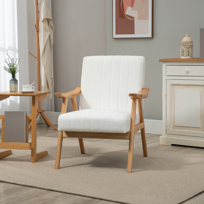 Крісло-шезлонг у скандинавському стилі, оксамитова текстура, міцний дерев'яний каркас, розміри 68 x 74 x 82 см, колір: натуральний + кремовий