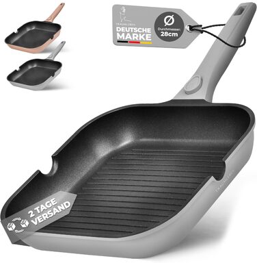 Сковорода-гриль NEU 28 см з виливом та знімним ручками, антипригарне покриття, PFOA-free, для індукції, жароміцна | сковорода з покриттям для грилю | сковорода для стейків (сіра)