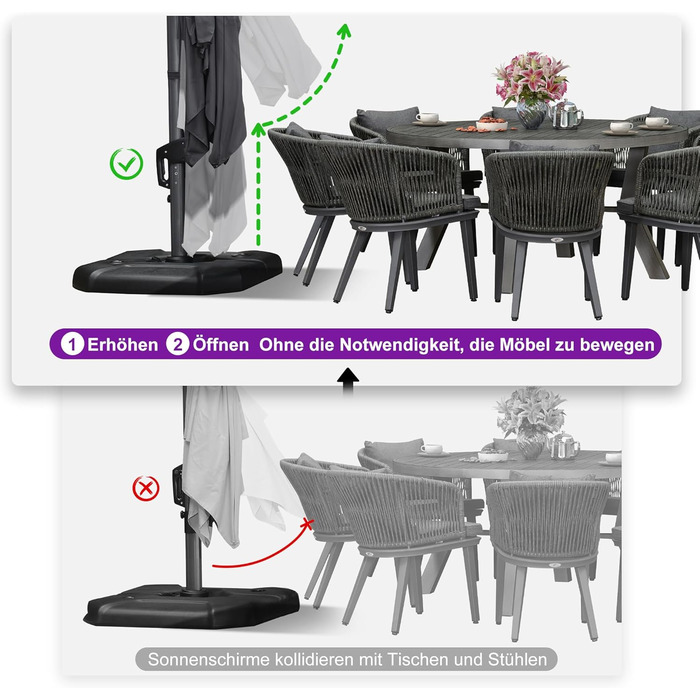 Парасолька від сонця PURPLE LEAF 350x350 см, велика садовий ампельний зонт з рукояткою, поворотом на 360° та хрестою основою для тераси та балкона, сіра