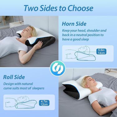Ортопедична подушка HOMCA 2 в 1 з Memory Foam для сну на спині, боці та животі, 60x40x12/14 см, чорна
