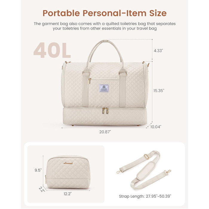 Сумка-органайзер для одягу LOVEVOOK, 53L, 2 шт., бежева. Сумка-рюкзак для подорожей, з містким відділенням для взуття, водонепроникна, для ручної поклажі