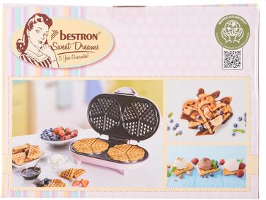 Вафлі Bestron Double Waffle Iron Heart, Антипригарні, Підвісний кошик, Ідеально підходить для урочистостей, Рожевий