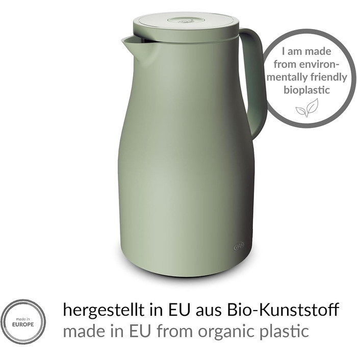 Термос Alfi ECONSCIOUS 1.0л, туманно-зелений, з ізоляцією, з вбудованим скляним вставкою, з біо-пластику, з кришкою-вертушкою, з кнопкою, для зручного наливання однією рукою, ідеальний для кави та чаю, без BPA