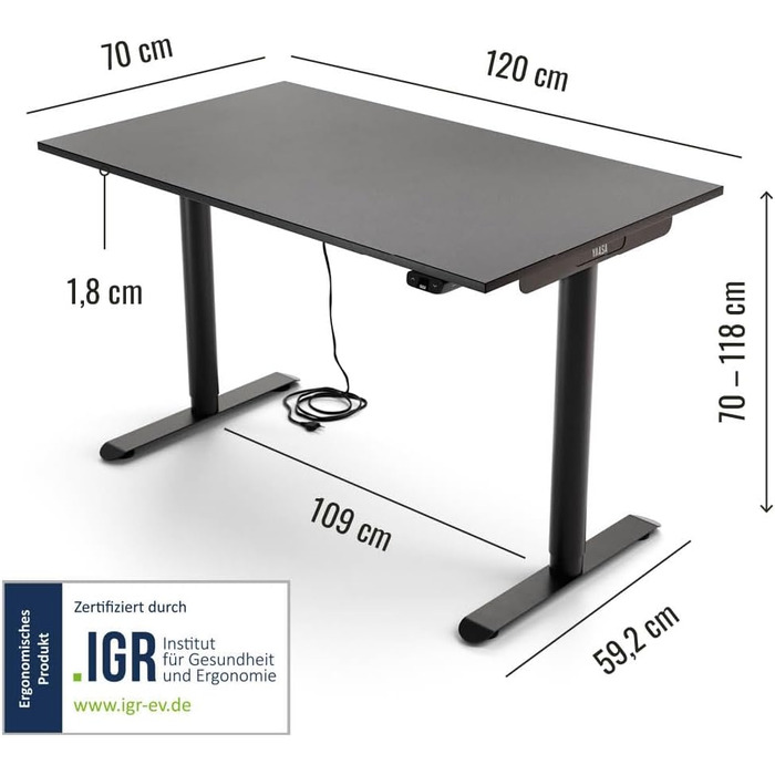 Дитячий стіл Yaasa Desk Basic S регульований по висоті, 120x70 см, чорний, incl. key замок і USB-порт для зарядки, стіл Антрацит 120 x 70 см