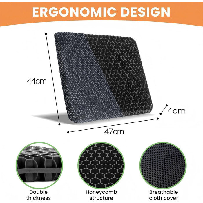 Ортопедична гелева подушка на стілець для офісу та авто, протиковзаюча та дихаюча, чорна (47x44x4 см)