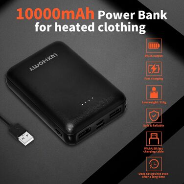 Павербанк LUXHOMY 10000mAh для жилета/куртки з підігрівом, USB-C та мікровходи, 2 USB-виходи, одяг 5V