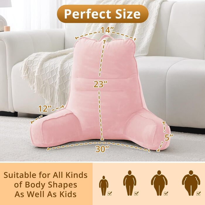 М'яке спинне крісло-подушка Sasttie для ліжка, рожеве, з кишенями та підлокітником