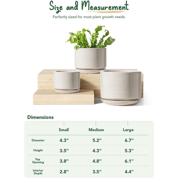 3 шт. керамічні горщики для квітів LE TAUCI, діаметр 11+13+17 см, з підставкою та дренажним отвором, для кімнатних рослин, бежевий, реактивна глазур