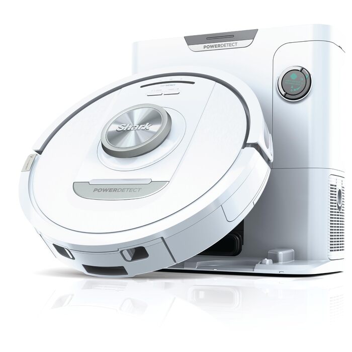 Робот-пилосос Shark PowerDetect з автопорожненням, самоочищення, до 60 днів роботи, для шерсті тварин, килимів та твердих підлог, з 3D та LiDAR навігацією, 14,5 см, білий
