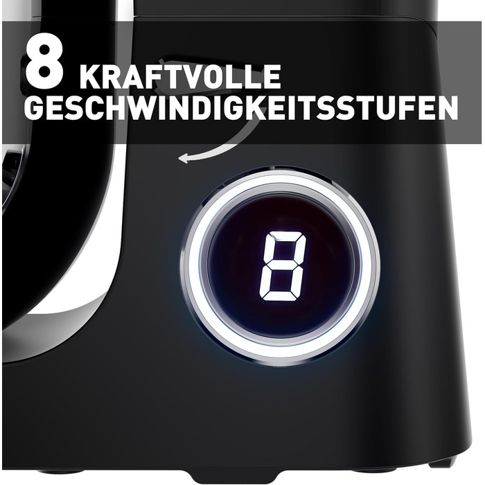 Кухонна машина Heinrichs 2500W з подвійним гаком для тіста, міксером та вінчиком, 8 швидкостей, чаша 8л з нержавіючої сталі, чорна