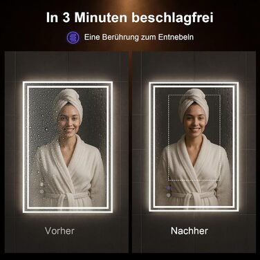 Дзеркало для ванної кімнати Youyijia з підсвічуванням, 70x50 см, антизапітніюче, сенсорне керування, 3 кольори світла, регулювання яскравості, 3500K-6500K