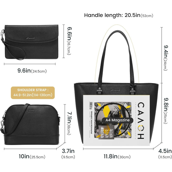 LOVEVOOK Набір сумок для жінок: 3 шт. (шопер, сумка на плече, сумка з ручкою) для подорожей, бізнесу, покупок. Чорний колір, срібна фурнітура