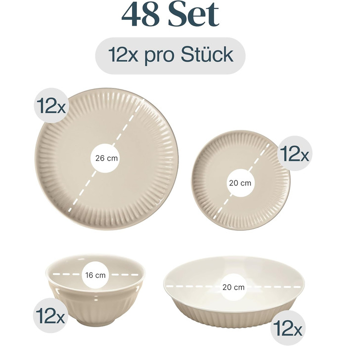 Набір посуду Steingut Hygge 48 предметів для 12 осіб, бежевий колір, преміум якість