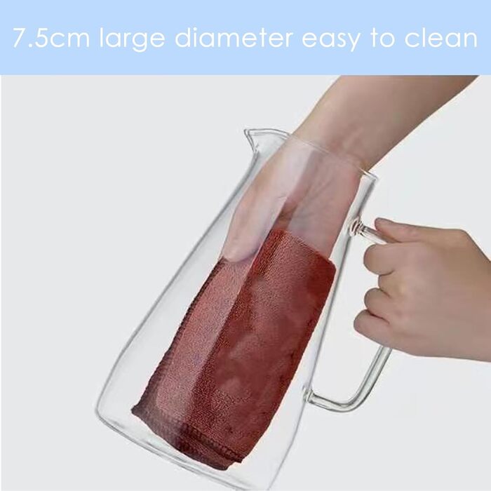 Скляний глечик Nutabevrd 2.3 л з нержавіючою кришкою, фільтром та ручками. Підходить для води, кави, молока, соку, вина та інших напоїв. Легко миється.