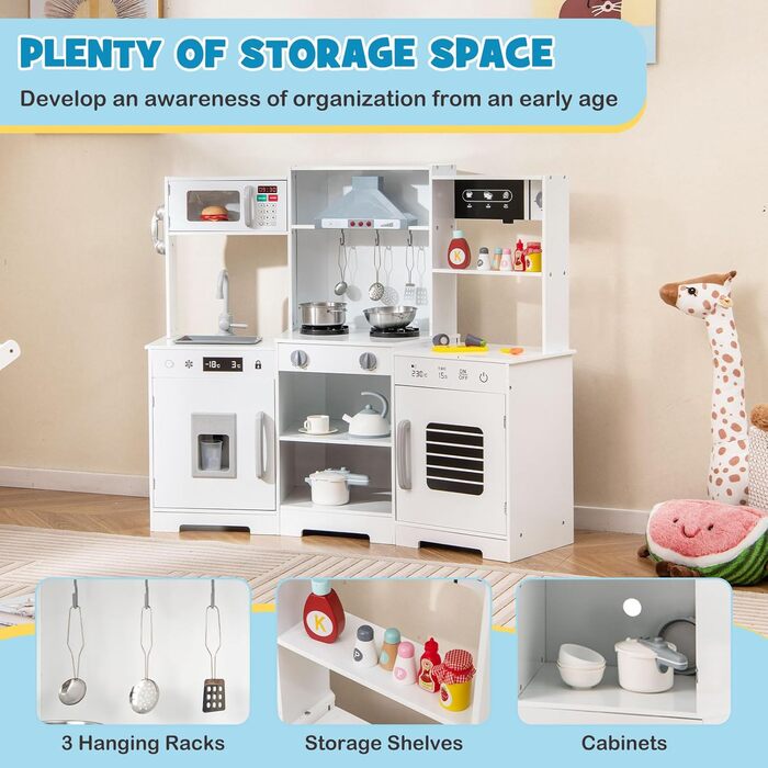 Дерев'яна дитяча кухня Dreamade з аксесуарами, кухонний куточок для дітей з плитою, раковиною, мікрохвильовою піччю, кавоваркою, духовкою, світлом та звуком (білий)