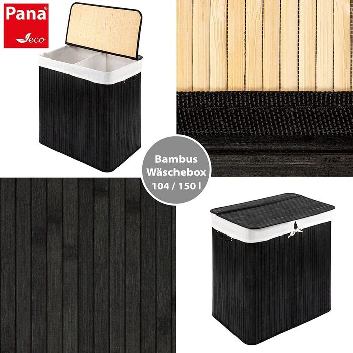 Бамбуковий кошик для білизни PANA ECO з кришкою * дерев'яна сумка для білизни * складаний колектор для білизни * шафа для білизни у ванній * 100 бамбук колір * розмір (104l (52 x 32 x 63 см), чорний)