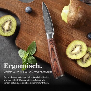 Ніж Wakoli EDIB офісний з дамаської сталі (серцевина VG10), 8,5 см - гострий та компактний. Підходить для кухні, фруктів та овочів. Дамаський ніж з ручкою з паккавуду в подарунковій коробці.