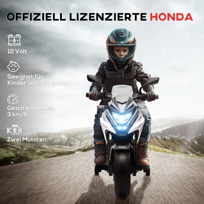 Електромотоцикл для дітей Honda, 3 км/год, музика та світло, для дітей 3-6 років, до 30 кг, білий