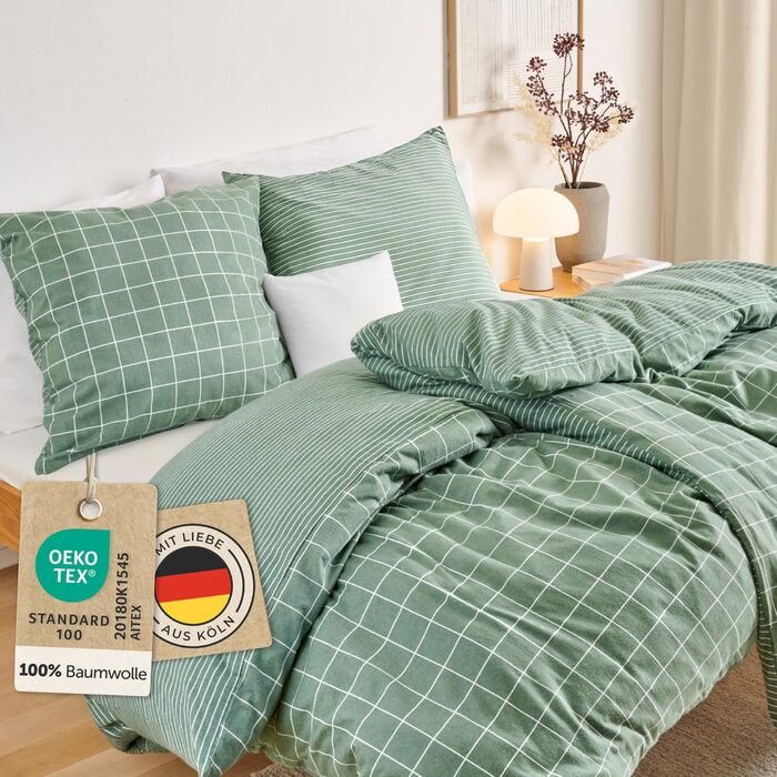 Бетліня Blumtal Biber 200x200 + 2x 80x80 см, бавовна, фланель, Oeko-TEX, преміум якість, зимова, двостороння, тауп (зелений малюнок)