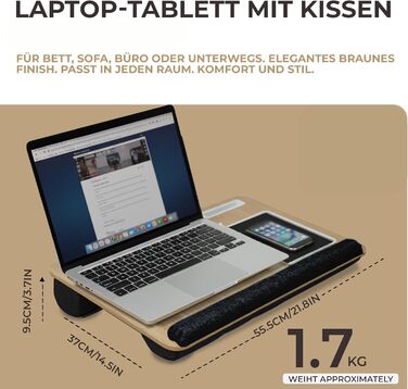 Підставка для ноутбука в ліжко та диван – з подушкою, тримачем для телефону та підкладкою для зап'ястя – підходить для ноутбуків до 17' – легка та комфортна для офісу, навчання та відпочинку (Сірий, Чорний)