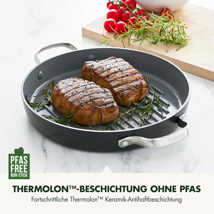 GreenPan Valencia Pro квадратна сковорода-гриль з антипригарним покриттям Harteloxierte, 28 см, індукція, для посудомийної машини, для духовки, сіра, без PFAS