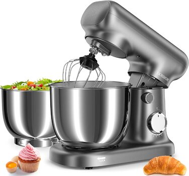 Кухонна машина-міксер з двома чашами 2.5L+3L, 10 швидкостей, 1500W, з гаком для тіста та насадкою для збивання, для випічки та щоденного приготування їжі (сріблясто-сірий)