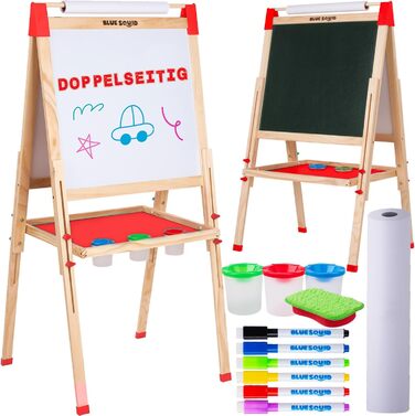 Дитяча мольберт Blue Squid Kinder Staffelei - регульована висота, двостороння, з крейдяною дошкою, білою дошкою, рулоном паперу, 100+ аксесуарів, для дітей 3-12 років, преміум-якість 2025 + 100 аксесуарів (червоний)