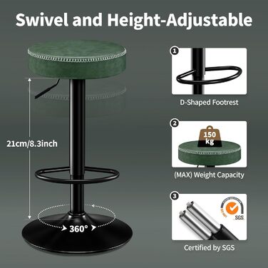 Набір з 2 барних стільців з мікрофібри, обертаються на 360°, витримують до 150 кг, зелені