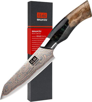 Кухонний ніж SHAN ZU з дамаської сталі з мідним лезом, ручне ковальство, японський ніж, 33 шари дамаської сталі, мідь, професійний, 20 см, серія VENUS. Також: ніж для фруктів 9,5 см