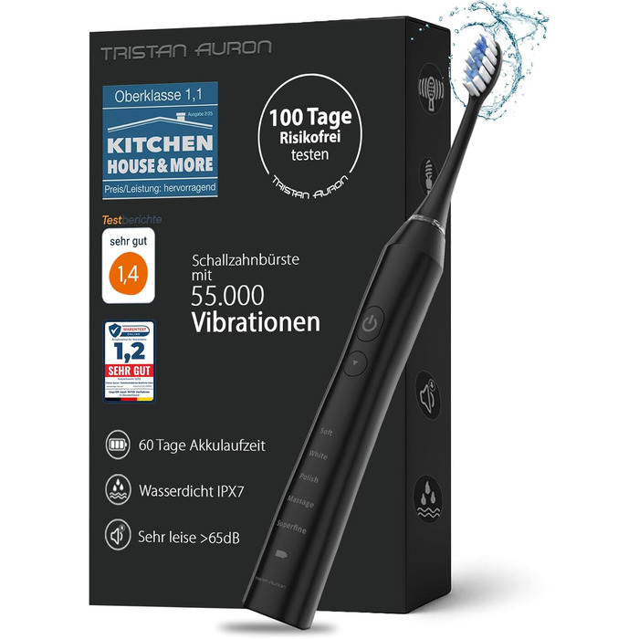 Електрична зубна щітка Tristan Auron – 55 000 вібрацій, 5 режимів, 60 днів роботи від акумулятора, 2 насадки, компактна та тиха (червона)