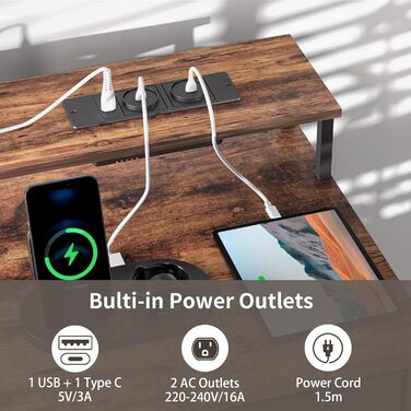 Ігровий стіл BEXEVUE з розетками та LED-підсвіткою 120x50 см - сучасний комп'ютерний стіл з підставкою для клавіатури, 4 висувні ящики, велика полиця для навчання, ігор та роботи. Колір: коричневий